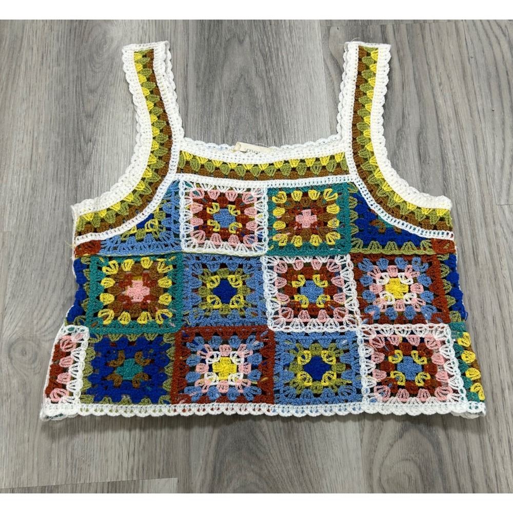 Adora Womens Crochet Granny Square Tank Top Multi Color Boho Festival Sleeveless